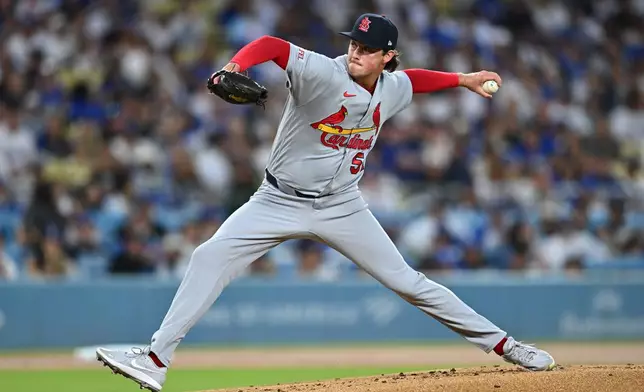 St. Louis Cardinals pitcher Brycen Mautz delivers during the first inning of a baseball game against the Los Angeles Dodgers, Wednesday, Sept. 2, 2026, in Los Angeles. (AP Photo/William Liang)
