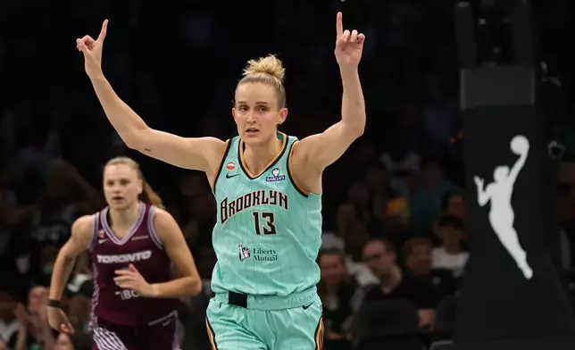 FILE - New York Liberty forward Leonie Fiebich (13) gestures during the second half of a WNBA basketball game against the Toronto Tempo, Wednesday, June 3, 2026, in New York. (AP Photo/Heather Khalifa, File)
