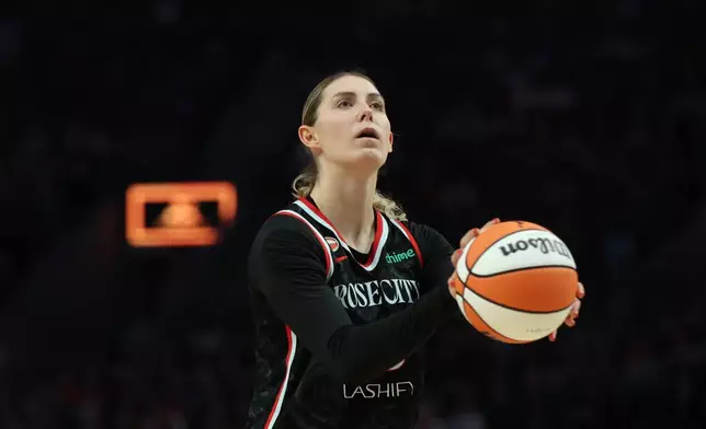 FILE - Portland Fire center Luisa Geiselsoder (15) takes a free throw during a WNBA basketball game against the Chicago Sky in Portland, Ore., Saturday, May 9, 2026. (AP Photo/Amanda Loman, File)