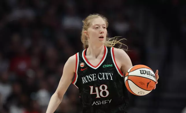 FILE - Portland Fire forward-center Frieda Buhner plays during a WNBA basketball game against the Chicago Sky in Portland, Ore., Saturday, May 9, 2026. (AP Photo/Amanda Loman, File)