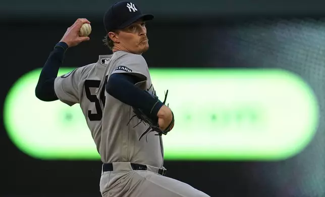 New York Yankees starting pitcher Max Fried delivers during the first inning of a baseball game against the Minnesota Twins Tuesday, Sept. 15, 2026, in Minneapolis. (AP Photo/Abbie Parr)