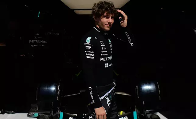 Mercedes driver Andrea Kimi Antonelli of Italy prepares for the first free practice ahead of the Spanish Formula One Grand Prix, in Madrid, Friday, Sept. 11, 2026. (AP Photo/Bernat Armanague)