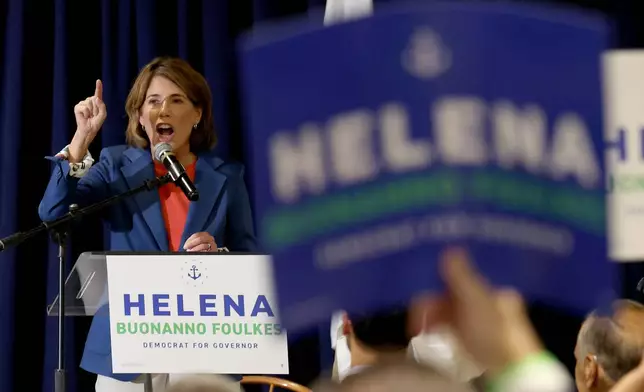 Candidate for Rhode Island governor Helena Buonanno Foulkes speaks during a Get Out the Vote event, Sunday, Aug. 30, 2026, in Providence. (AP Photo/Mark Stockwell)