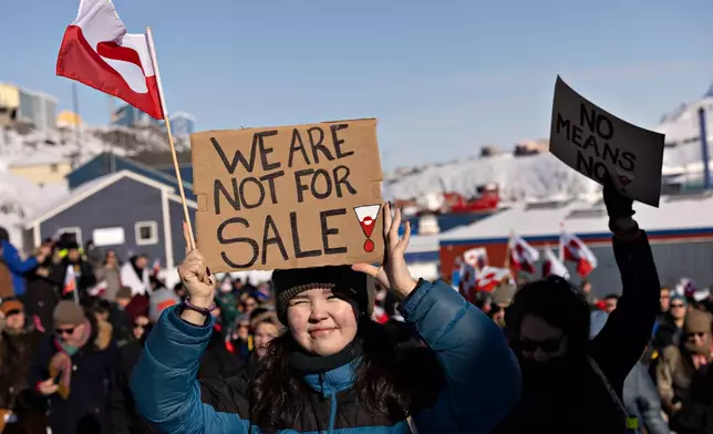 FILE - People take part in a march ending in front of the US consulate, under the slogan, Greenland belongs to the Greenlandic people, in Nuuk, Greenland, Saturday March 15, 2025. (Christian Klindt Soelbeck/Ritzau Scanpix via AP, File)