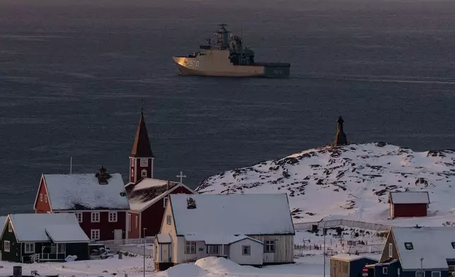 FILE - Military vessel HDMS Knud Rasmussen of the Royal Danish Navy patrols near Nuuk, Greenland, on Thursday, Jan. 15, 2026. (AP Photo/Evgeniy Maloletka, File)