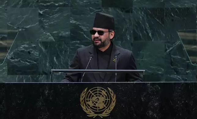 Nepal's Prime Minister Balendra Shah addresses the 81st session of the United Nations General Assembly at U.N. headquarters Thursday, Sept. 24, 2026. (AP Photo/Frank Franklin II)