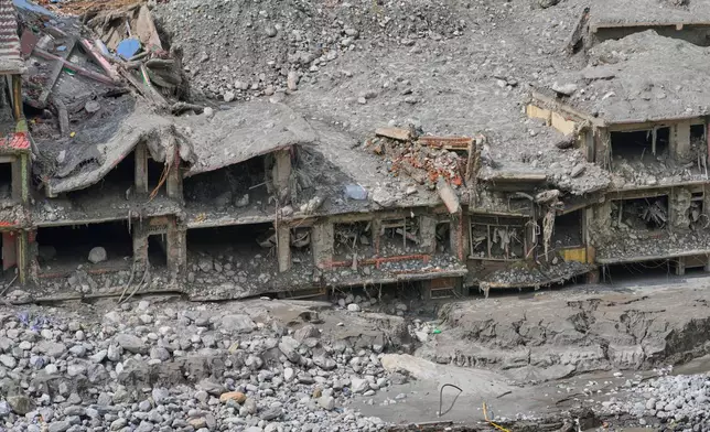 FILE - Houses destroyed by recent flash floods stand amid thick layers of sludge, mud and debris in Nepal's Nuwakot district, Sept. 8, 2026. (AP Photo/Dar Yasin, File)