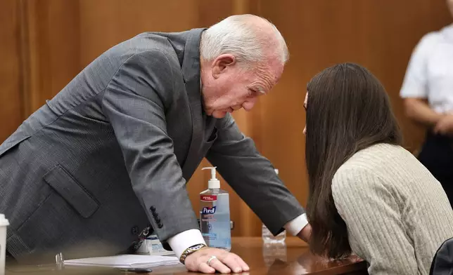Defense attorney Kevin Reddington talks with Lindsay Clancy after a jury question during her trial in Plymouth, Mass., on Thursday, Sept. 3, 2026. (Greg Derr/The Patriot Ledger via AP, Pool)
