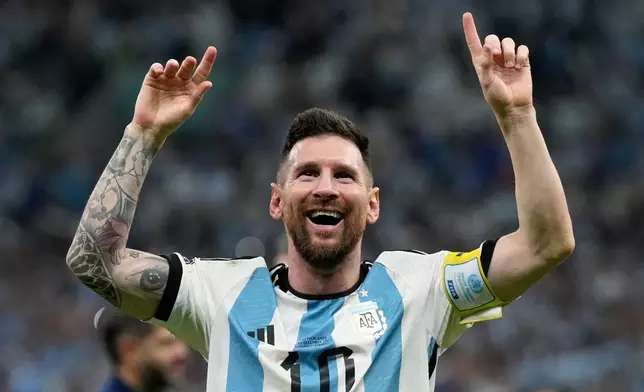 FILE - Argentina's Lionel Messi celebrates at the end of the World Cup quarterfinal soccer match against the Netherlands in Lusail, Qatar, Dec. 10, 2022. (AP Photo/Ricardo Mazalan, File)