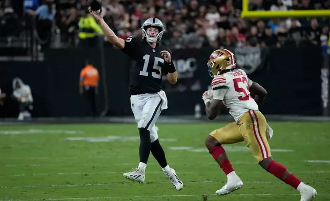 Las Vegas Raiders quarterback Fernando Mendoza (15) throws under pressure from San Francisco 49ers linebacker Jaden Dugger (53) during the second half of an NFL preseason football game, Thursday, Aug. 27, 2026, in Las Vegas. (AP Photo/John Locher)