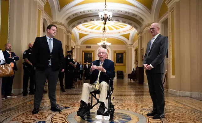 Sen. Mitch McConnell, R-Ky., speaks to reporters at the U.S. Capitol, Monday, Sept. 14, 2026, in Washington. (AP Photo/Allison Robbert)