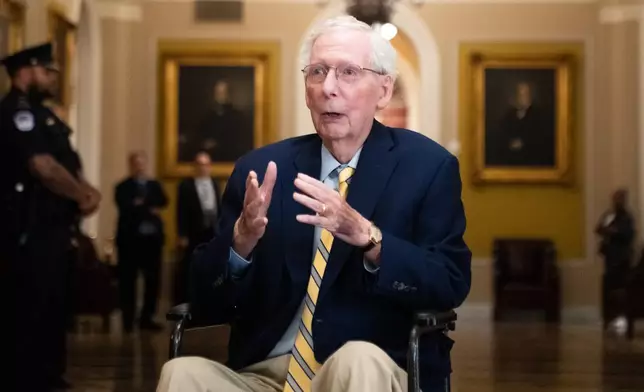 Sen. Mitch McConnell, R-Ky., speaks to reporters at the U.S. Capitol, Monday, Sept. 14, 2026, in Washington. (AP Photo/Allison Robbert)