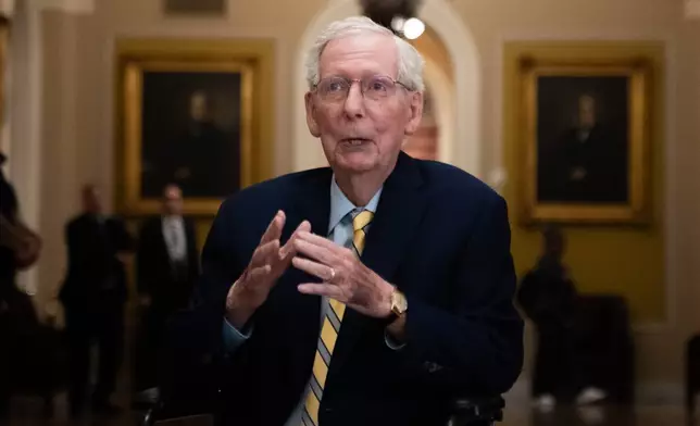Sen. Mitch McConnell, R-Ky., speaks to reporters at the U.S. Capitol, Monday, Sept. 14, 2026, in Washington. (AP Photo/Allison Robbert)