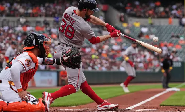 Boston Red Sox's Eli White (38) hits a three-run home run during the second inning of a baseball game against the Baltimore Orioles, Sunday, Sept. 6, 2026, in Baltimore. (AP Photo/Stephanie Scarbrough)
