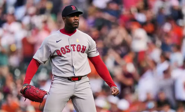 Boston Red Sox pitcher Aroldis Chapman reacts after striking out Baltimore Orioles' Christian Encarnacion-Strand during the ninth inning of a baseball game, Sunday, Sept. 6, 2026, in Baltimore. (AP Photo/Stephanie Scarbrough)