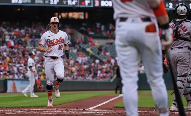 Baltimore Orioles' Coby Mayo (16) runs to score on an RBI double hit by Christian Encarnacion-Strand during the first inning of a baseball game against the Boston Red Sox, Sunday, Sept. 6, 2026, in Baltimore. (AP Photo/Stephanie Scarbrough)