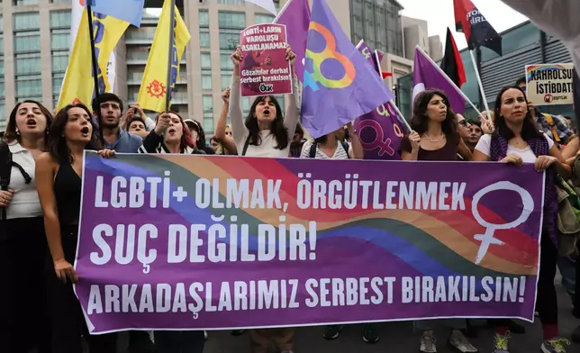 LGBTQ+ rights supporters hold banners and flags outside a courthouse after police prevented them from holding a news conference in Istanbul, Turkey, Tuesday, Sept. 15, 2026.(AP Photo/Dilara Acikgoz)