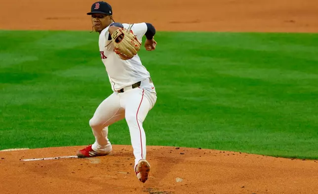 Boston Red Sox pitcher Brayan Bello delivers during the first inning of the second baseball game of a doubleheader against the Chicago Cubs, Friday, Sept. 25, 2026, in Boston. (AP Photo/Greg M. Cooper)