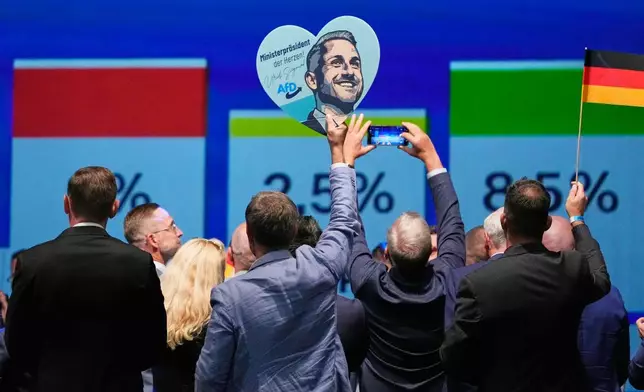 Party members celebrate with a sign of AfD top candidate Ulrich Siegmund after the first results at an election party of the "Alternative for Germany" (AfD) after the Saxony-Anhalt state elections in Magdeburg, eastern Germany, Sunday, Sept. 6, 2026. (AP Photo/Matthias Schrader)