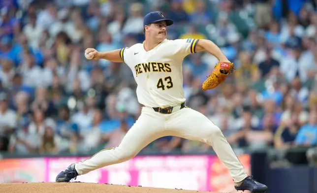 Milwaukee Brewers pitcher Logan Henderson throws during the first inning of a baseball game against the Chicago Cubs Wednesday, Sept. 9, 2026, in Milwaukee. (AP Photo/Kayla Wolf)