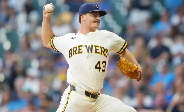 Milwaukee Brewers pitcher Logan Henderson throws during the first inning of a baseball game against the Chicago Cubs Wednesday, Sept. 9, 2026, in Milwaukee. (AP Photo/Kayla Wolf)