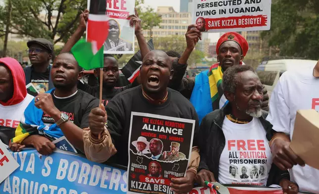 Protesters demand answers over the alleged illegal rendition of Ugandan opposition leader Dr. Kizza Besigye in Nairobi, Kenya, Thursday, Sept. 3, 2026. (AP Photo/Henry Naminde)