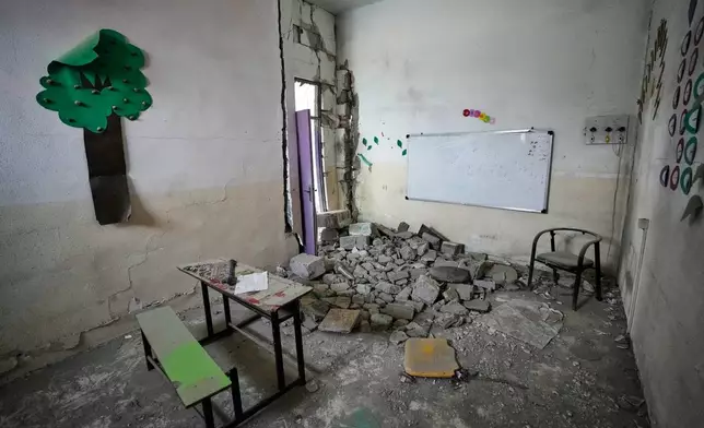 A tree-shaped decoration remains on the wall of a rubble-strewn classroom at the Shajareh Tayyebeh school, damaged in a Feb. 28 U.S. airstrike in Minab, southern Iran, Monday, Sept. 7, 2026. (AP Photo/Vahid Salemi)