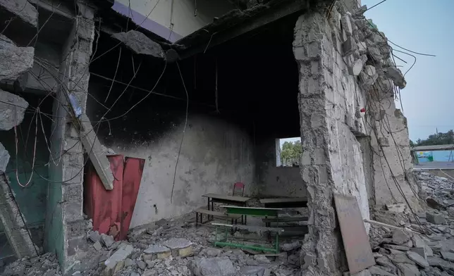 Desks remain inside the exposed ruins of a classroom at the Shajareh Tayyebeh school, damaged in a Feb. 28 U.S. airstrike in Minab, southern Iran, Monday, Sept. 7, 2026. (AP Photo/Vahid Salemi)