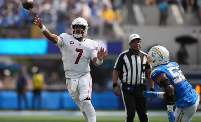 Arizona Cardinals quarterback Jacoby Brissett (7) passes as Los Angeles Chargers outside linebacker Khalil Mack (52) applies pressure during the first half of an NFL football game, Sunday, Sept. 13, 2026, in Inglewood, Calif. (AP Photo/Gregory Bull)