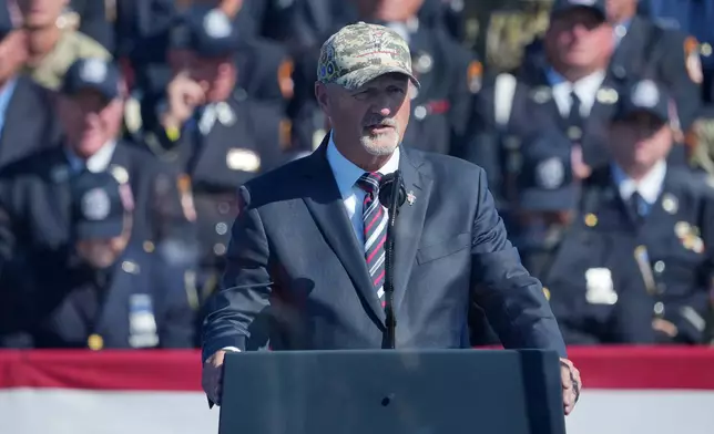 Frank Siller, Chairman and CEO of the Tunnel to Towers Foundation, speaks during the Tunnel to Towers Foundation event for the 25th Anniversary of 9/11, on the Ellipse near the White House in Washington, Tuesday, Sept. 8, 2026. (AP Photo/Mark Schiefelbein)