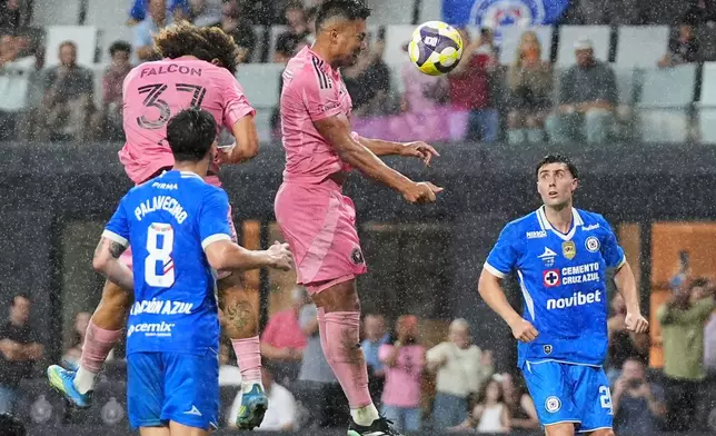 Inter Miami midfielder Casemiro, center, scores a goal during the second half of the Campeones Cup soccer match against Cruz Azul, Wednesday, Sept. 16, 2026, in Miami. (AP Photo/Lynne Sladky)