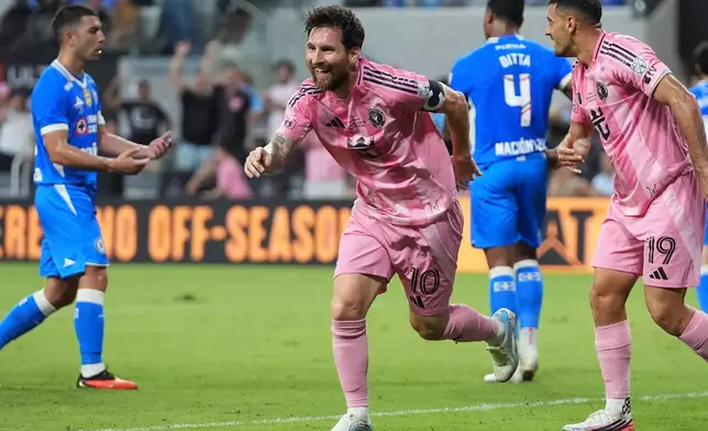 Inter Miami's Lionel Messi (10) celebrates after scoring a goal during the first half of the Campeones Cup soccer match against Cruz Azul, Wednesday, Sept. 16, 2026, in Miami. (AP Photo/Lynne Sladky)
