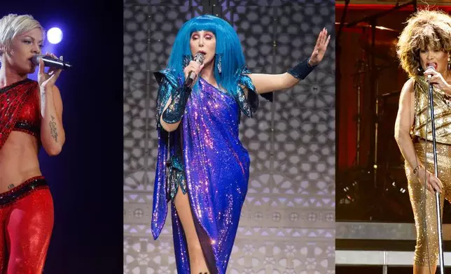 This combination of photos show Bob Mackie fashion on, from left, Pink in Manchester, England, on April 25, 2009, Cher in Philadelphia on Dec. 6, 2019, and Tina Turner in London on March 3, 2009. (AP Photo)