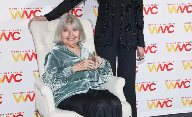 FILE - Robin Morgan, left, and Jane Fonda attend the Women's Media Center's 21st anniversary Women's Media Awards at Tribeca Rooftop, March 5, 2026, in New York. (Photo by Andy Kropa/Invision/AP, File)