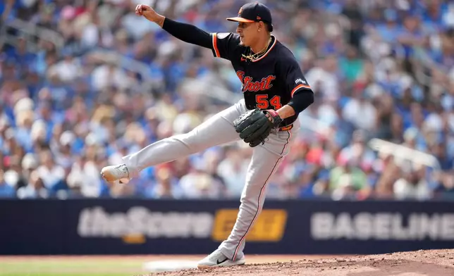 Detroit Tigers pitcher Keider Montero (54) makes a pitch against the Toronto Blue Jays during the first inning of a baseball game in Toronto, Wednesday, Sept. 16, 2026. (Nathan Denette/The Canadian Press via AP)