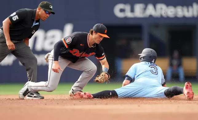 Toronto Blue Jays' Myles Straw (3) is caught stealing at Detroit Tigers shortstop John Peck (18) applied the tag during the fourth inning of a baseball game in Toronto, Wednesday, Sept. 16, 2026. (Nathan Denette/The Canadian Press via AP)