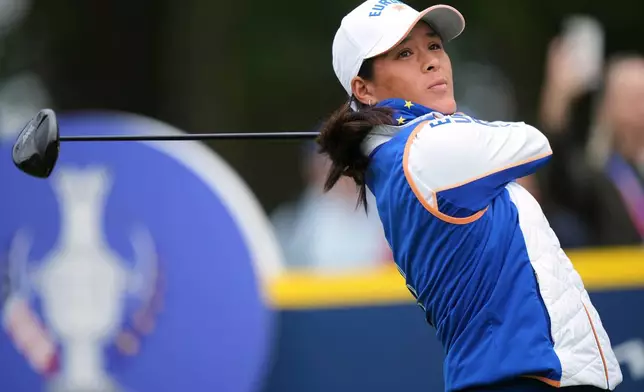 Céline Boutier of Europe hits off the seventh tee during the Solheim Cup at the Bernardus Golf course in Den Bosch, Netherlands, Friday, Sept. 11, 2026. (AP Photo/Alastair Grant)