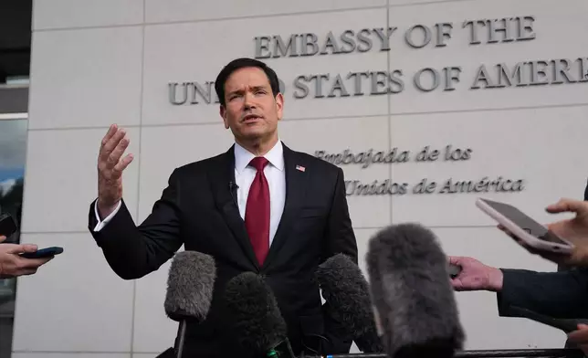 U.S. Sec. of State Marco Rubio speaks to the press outside the U.S. embassy in Quito, Ecuador, Wednesday, Sept. 9, 2026. (AP Photo/Dolores Ochoa, Pool)