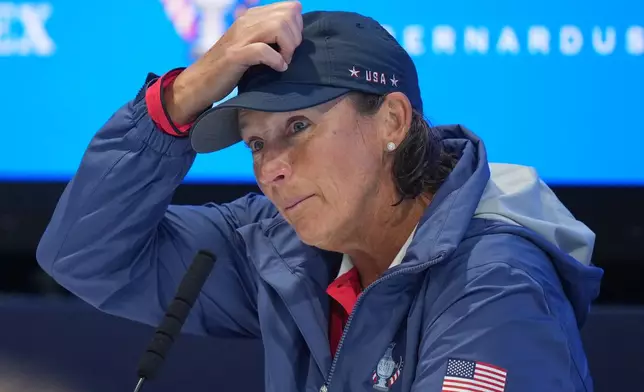 Angela Stanford, United States captain, attends a press conference after her team lost the Solheim Cup in Den Bosch, Netherlands, Sunday, Sept. 13, 2026. (AP Photo/Alastair Grant)