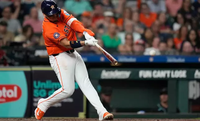 Houston Astros' Isaac Paredes doubles, allowing Jeremy Peña to scored during the third inningn of a baseball game against the Arizona Diamondbacks in Houston, Friday, Sept. 4, 2026. (AP Photo/Ashley Landis)