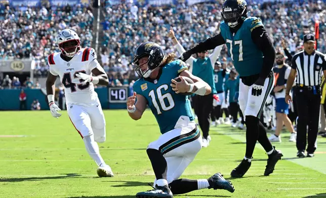 Jacksonville Jaguars quarterback Trevor Lawrence (16) kneels against the New England Patriots in the second half during an NFL football game in Jacksonville, Fla., Sunday, Sept. 27, 2026. (AP Photo/Phelan M. Ebenhack)
