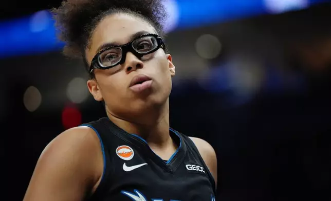 Minnesota Lynx guard Olivia Miles reacts during the first half of Game 1 in the first round of the WNBA basketball playoffs against the New York Liberty, Sunday, Sept. 27, 2026, in Minneapolis. (AP Photo/Ellen Schmidt)