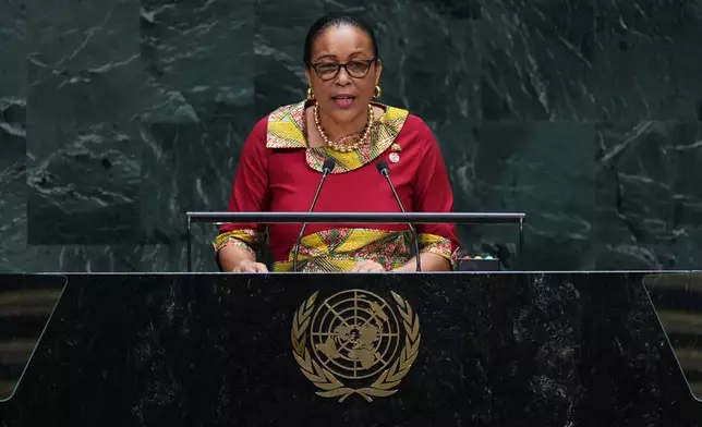 President of Dominica Sylvanie Burton addresses the 81st session of the United Nations General Assembly at U.N. headquarters Tuesday, Sept. 22, 2026. (AP Photo/Frank Franklin II)