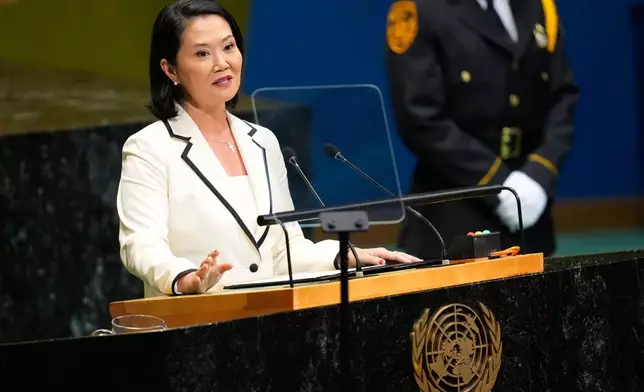 Peru's President Keiko Fujimori speaks during the 81st session of the United Nations General Assembly at United Nations headquarters, Tuesday, Sept. 22, 2026. (AP Photo/Yuki Iwamura)