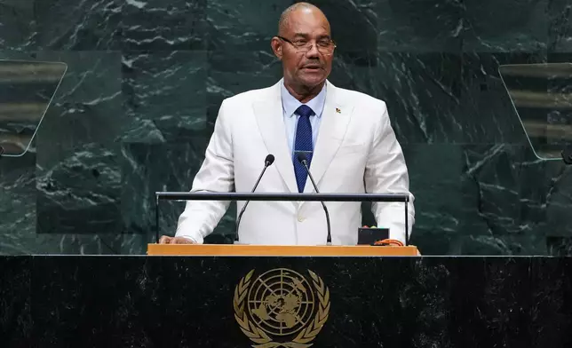 Seychelles President Patrick Herminie addresses the 81st session of the United Nations General Assembly at U.N. headquarters Tuesday, Sept. 22, 2026. (AP Photo/Frank Franklin II)