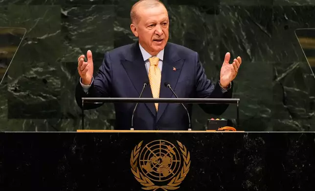 Turkey's President Recep Tayyip Erdogan speaks during the 81st session of the United Nations General Assembly at United Nations headquarters, Tuesday, Sept. 22, 2026. (AP Photo/Seth Wenig)