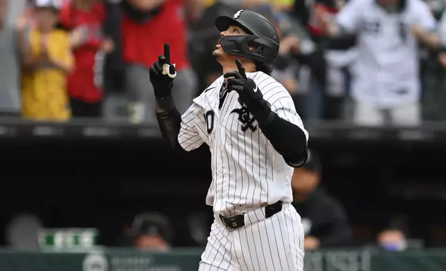 Chicago White Sox's Miguel Vargas celebrates after hitting a solo home run during the sixth inning of a baseball game against the Detroit Tigers Saturday, Sept. 19, 2026, in Chicago. (AP Photo/Paul Beaty)