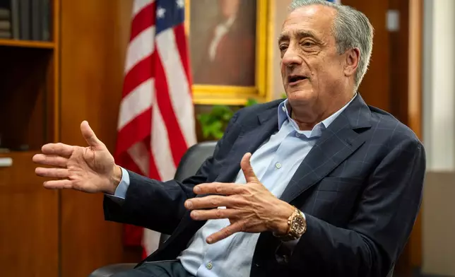 Postmaster General David Steiner speaks during an interview with The Associated Press at the United States Postal Service headquarters, Thursday, Sept. 17, 2026, in Washington. (AP Photo/Mark Schiefelbein)