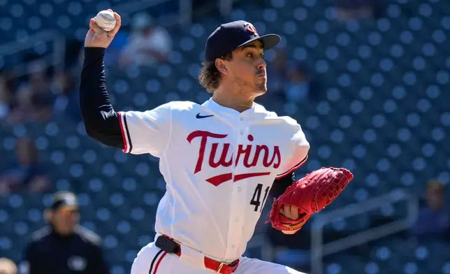 Minnesota Twins starting pitcher Joe Ryan delivers during the first inning of a baseball game against the Cleveland Guardians, Sunday, Sept. 13, 2026, in Minneapolis. (AP Photo/Joseph Scheller)