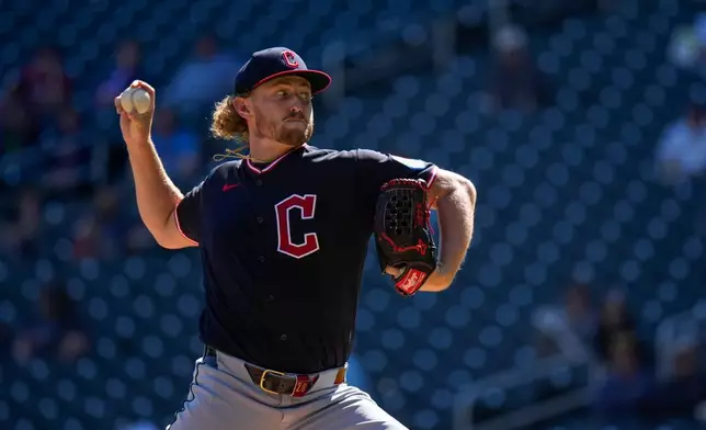 Cleveland Guardians starting pitcher Tanner Bibee delivers during the second inning of a baseball game against the Minnesota Twins, Sunday, Sept. 13, 2026, in Minneapolis. (AP Photo/Joseph Scheller)